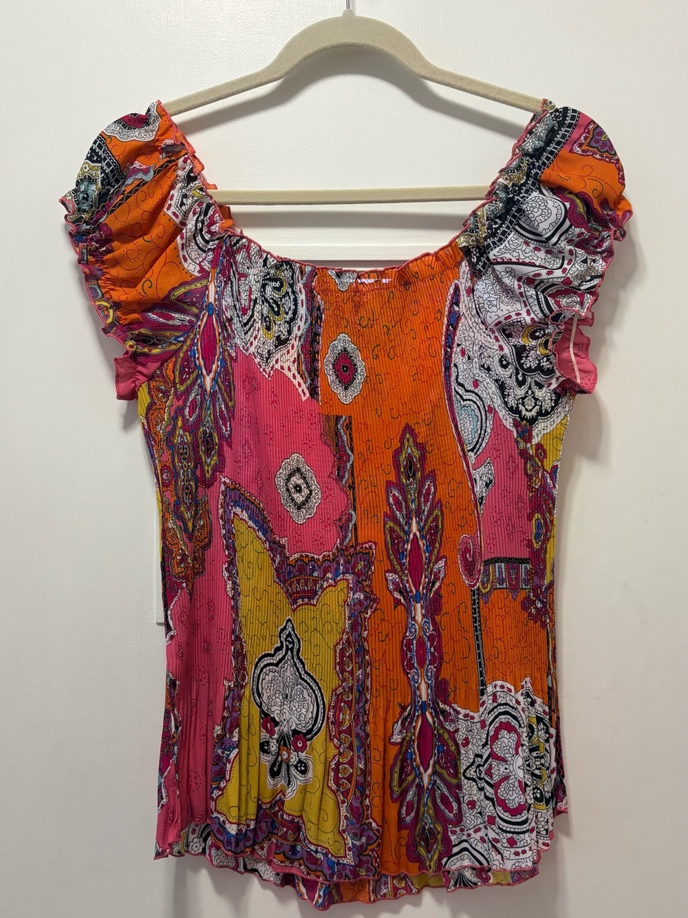 Jaipur - paisley bright orange/pink cap sleeve blouse with longer hem- sz L